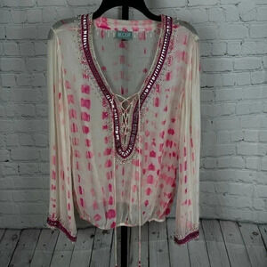 Taj By Sabrina Crippa Jeweled and Beaded Lace Up Tie Dye Blouse Size Large